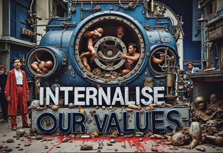 the words 'INTERNALISE OUR VALUES' written in large font fills the front of frame. In the back of frame weird man with in a dark room with checkerboard blue lotus PEOPLE ARE trapped inside machinery, people crushed inside mechanical gears, high gore arms crushed and bent, signs of wailing, people in business suits trapped in machinery. floors with blood on the ground with a white interior cyber tech electricity electical circuits illuminati symbols with brains and vaginas with high technology alchemical background lightning bolts