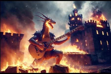 <lora:ironcatlora2Dragons_v10:0.4> <lora:guitarsElectricAnd_v10:1> textless, photo, a dragon playing guitar, near a castle on fire, (guitar)