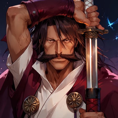 score_9, score_8_up, score_7_up, score_6_up, score_5_up, score_4_up,
1man, long black hair, dark brown hair, huge mustache, pronounced cheekbones, long nose, thin eyebrows, white boots, brown eyes, maroon-black cloak, broad chin, white uniform, masterpiece, high quality, detailed, Pony-NPDXL3, close-up, upper body, <lora:yhwach:1> looking at viewer, village, moonlight, stars, mysterious, dark, holding a sword , weapon,  <lora:unsheathing_pose_vertical_3_final:1> arm up unsheathing sword,   <lora:Fant5yP0ny:1> (blue glow:1.1)