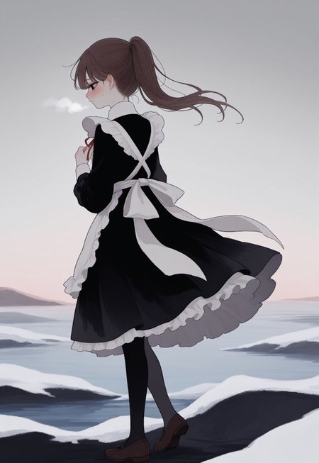 solo, detailed, ethereal, intricate details, vibrant colors, soft lines, soft brush strokes, dreamy,  from behind, 

sea, fog, murky,  snow, grey sky, melancholic, 

worried, blush, 

1girl, [[black solid eyes]], brown hair, ponytail, long black dress, long black sleeves, white collar, red neck_ribbon, white frills, white apron, [black pantyhose, brown shoes,],

masterpiece,best quality,amazing quality, detailed, 
