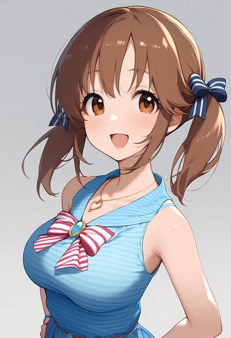 1girl,
totoki airi,


solo, twintails, large breasts, looking at viewer, blush, wristband, dress, breasts, upper body, short hair, bow, :d, bowtie, hands on own hips, open mouth, blue dress, necklace, sleeveless, pendant, collarbone, brown eyes, white background, brown hair, striped clothes, striped bow, striped bowtie, smile, short twintails, heart, jewelry, heart necklace, simple background, sleeveless dress,

sfw
<lora:a31_char_new_totoki_airi:1> <lora:a31_style_koni-000010:0.8>