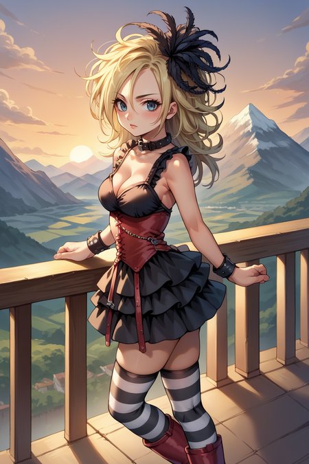 score_9, score_8_up, score_7_up, score_6_up, source_anime, 1girl, solo <lora:dqsetia-pdxl-nvwls-v1-000005:1> dqSetia, blonde hair, curly hair, feather hair ornament, collar, black dress, cleavage, frilled dress, red corset, black and white thighhighs, striped thighhighs, bracelets, red boots, from behind, sunset, mountains, balcony, looking at you, blush
