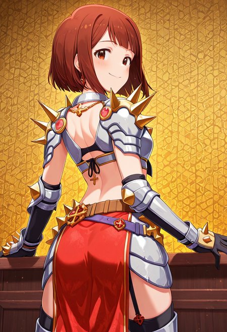 masterpiece, best quality, very aesthetic, absurdres, newest,
mirishita, kotoha, 1girl, (medium bob hair), (medium breasts:0.5), (cleavage:0.75),
(happy:0.25), (seductive smile:0.25), (blush:0.25), intricate, vivid, complex, ultra-detailed,
Cowboy shot, (from behind: 1.5), looking back, smile, 
Standing with legs apart, seductive posing,
runeKnightRO, armored dress, armored skirt, navel, midriff, garter straps, gauntlets, jewelry, pauldrons, belt, red pelvic curtain, loincloth, cross necklace, shoulder spikes, front-tie top, breastplate, black gloves, vambraces, armored boots,
highly detailed background, complex background,