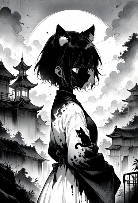 ((masterpiece, best quality, illustration)), ink painting, 1girl, solo, short hair, animal ears, standing, monochrome, greyscale, cat ears, silhouette