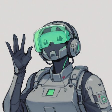 score_9, score_8_up, score_7_up, score_6_up, 1girl, on an airfield, futuristic astronaut, bulky body armor, hkstyle, full power armor, CHONK, large backpack, (open visor:1.4), (visible face:1.4), waving, neon green accessories, professional illustration, extreme detail, angular brush, iridescent, HRMN