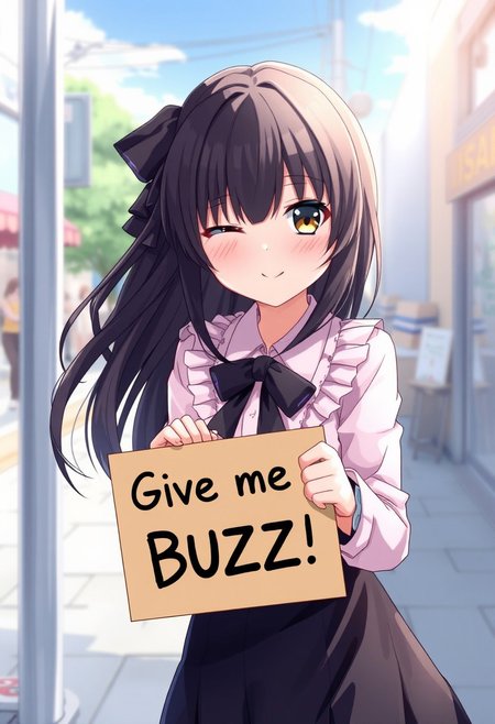 score_4,score_5,score_6,score_7_up,score_8_up,score_9 ((masterpiece,best quality,ultra detailed,highres,HD,4k:1.2)), 
1 girl,solo,face focus,
fuyuko mayuzumi, black hair, brown eyes, long hair, two side up,
black bow, black bowtie, black ribbon, black skirt, bow, bowtie, frilled shirt, frills, jirai kei, long sleeves, neck ribbon, pink shirt, ribbon, shirt, skirt, white shirt,
(("Give me Buzz.",Beggars Borad,Holding a sign, holding a sign that says, "Give me Buzz."))
wink,happy,blush, looking at viewer, smile,
