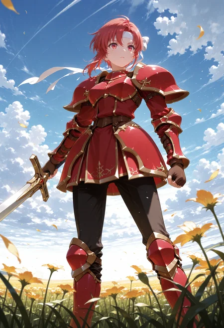 masterpiece,extreme detailed,day,outdoors,field BREAK cecil_(fe),1girl,solo,armor,gloves,short hair,headband,red hair,shoulder armor,short dress,dress,red eyes,pauldrons,red armor,armored boots,pants,<lora:cecil_(fe)-IL:1>,holding sword,