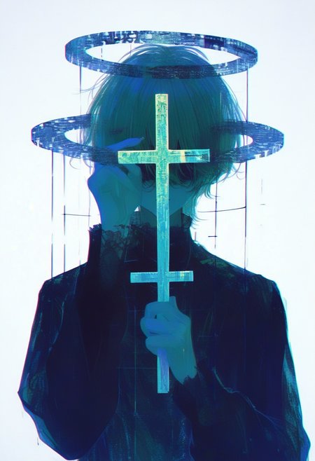 solo, 1boy, upper body, halo, cross, male focus, simple background, long sleeves <lora:748cmXL_NBVP1_lokr_V6311PZ:0.95>