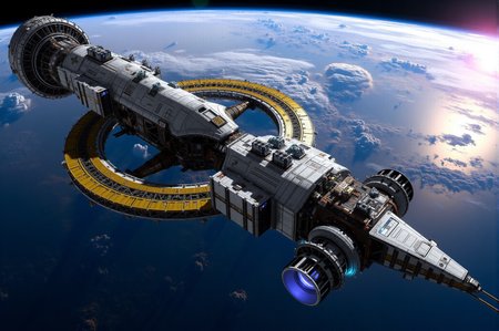 <lora:SpaceCraft_v.1:0.8> SPCCRFT style. A sleek and highly sophisticated space station orbits Earth, its modular design reflecting a blend of scientific ingenuity and cutting-edge engineering. The station's elongated frame is segmented by two massive rotating rings, likely serving as artificial gravity generators for long-term habitation and research. The structure features a combination of reinforced metallic plating and exposed framework, blending functionality with an elegant, utilitarian aesthetic. The forward section bears the "ESA" insignia, signifying its affiliation with the European Space Agency, while the streamlined hull is punctuated with an array of communication arrays, sensor clusters, and external storage compartments. The addition of extendable solar panels, mounted at strategic locations, ensures a sustainable energy supply drawn from the sunâs rays. Small thruster modules are strategically positioned along the hull, providing precision maneuvering capabilities for orbital adjustments. In the central section, the expansive rotational rings are supported by intricate trusses and structural braces, showcasing a balance between strength and efficiency. These segments house critical life-support systems, laboratories, and living quarters, allowing for extended missions and deep-space research endeavors. The outer edges are adorned with yellow lattice structures, reinforcing the stationâs modular expansion potential. At the rear, twin propulsion units with glowing blue exhaust ports suggest an advanced ion-based drive system designed for sustained low-thrust efficiency. The modular cargo pods and docking ports at the station's rear hint at its capacity for logistical support, supply missions, and potential deep-space expeditions. Below, Earth's curvature, with its swirling cloud formations and deep blue oceans, serves as a breathtaking backdrop that contrasts the stationâs mechanical precision against the organic beauty of the planet. The thin atmospheric haze and subtle lens flares add depth and realism to the scene, emphasizing the scale and operational significance of the orbital outpost. Rendered in a photorealistic sci-fi art style, the composition showcases meticulous detailing, dynamic lighting, and a cinematic perspective, evoking themes of exploration, innovation, and the pursuit of scientific advancement beyond Earth's boundaries.