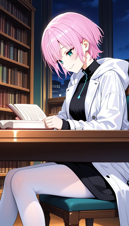 masterpiece, best quality, very aesthetic, absurdres,
solo, 1girl,

nijiriri, blue eyes, green eyes, pink hair, short hair,

smirk,

sitting, looking down, on chair, holding book, open book, white coat, hooded coat, hood down, long sleeves, short dress, black dress, turtleneck dress, white pantyhose, indoors, library, table, bookshelf, night, head down,