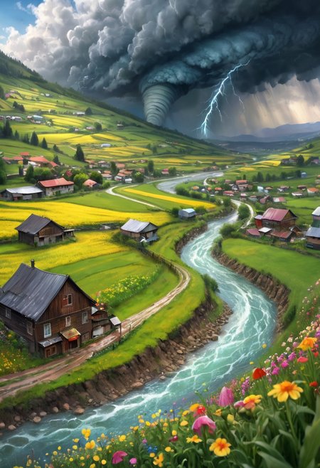 oil matte art, calm relaxing scenery, river, beautiful digital art, DarkFantasy, panoramic view, rain, wet, small village on the mountain cliff, fisheye lense, flower field, crystal clear, huge tornado in the background, bokeh, OverallDetail, depth of field, detailed art, expressionism,
extremely detailed, UHD,(long exposure )