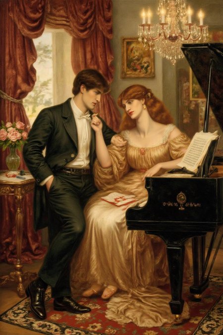 dgr painting.
A romantic and elegant scene of a couple flirting beside a grand piano in a luxurious, softly lit room. The man, wearing a tailored black suit with a crisp white shirt, leans casually against the piano, gazing warmly at the woman. She is dressed in an exquisite evening gown, her posture relaxed yet graceful as she sits on the piano bench, her hand lightly resting on the keys.
The piano, a polished ebony grand, gleams under the warm glow of a crystal chandelier, with an open sheet of music resting on the stand. The room is adorned with refined details, including rich velvet curtains, a Persian rug, and a vase of fresh roses on a nearby table. The atmosphere is intimate and sophisticated, evoking a timeless sense of romance and charm
  <lora:dgr1_cap_d6a3e8:1.0><lora:819488857100684989:0>