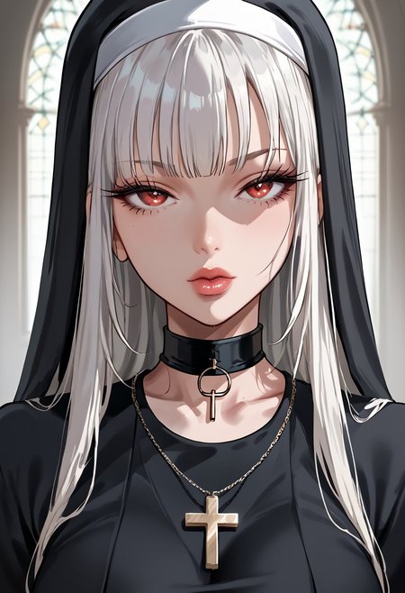 score_9, score_8_up, score_7_up, score_6_up, 1girl, blunt bangs, long hair, white hair, black hair highlights, red eyes, no make-up, BRAKE, full lips, perfect lips, necklace with cross, nun, nun-outfit, classic nun outfit, cleavage, collarbone, 8k picture, highly detailed picture