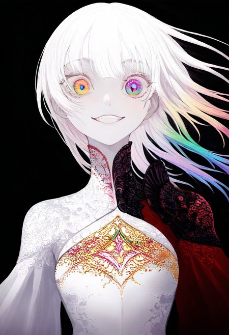 solo, looking at viewer, rainbow colored eyes, upper body, black background, 1girl, long white hair, extremely pale skin, smiling, close up, 
, ,,,, masterpiece,best quality,very aesthetic,absurdres
 <lora:monfornoob:0.95>