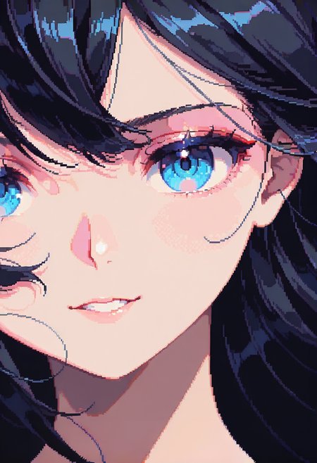 dpa,pixel art, 1girl, solo, looking at viewer, black hair, portrait, bangs, blue eyes
