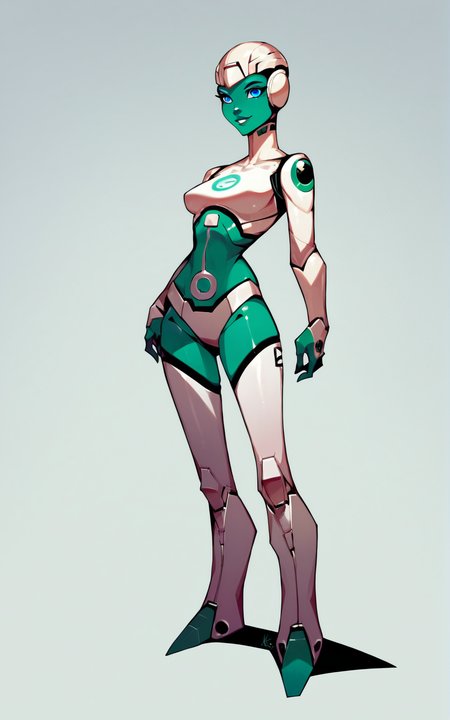 score_9, score_8_up, score_7_up,((best quality)), absurdres,((full body)),  <lora:3d-2d:0.8>,  <lora:AYAPXL:0.85>,AYAPXL,blue eyes, colored skin, helmet, robot, green skin,white background,android,slim,armor
