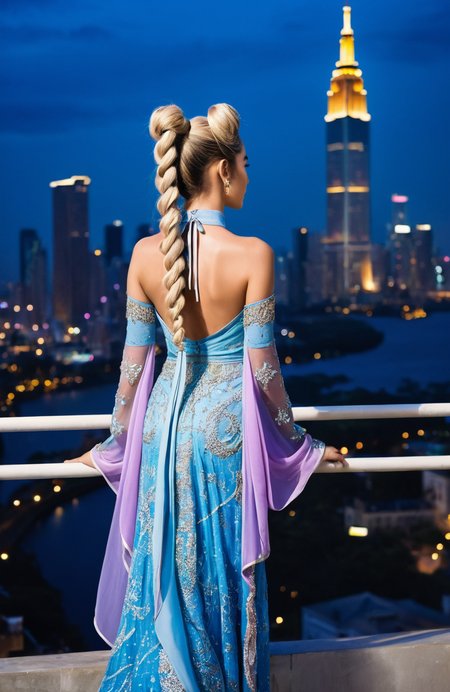 m3tr0pl3x3, balcony, scenery, city, building, cityscape, sky, outdoors, skyscraper, city lights, bridge, cloud, tower, skyline, river, anime style, sharp, prompt ., vibrant, colorful, Height: Slightly taller than her younger Sailor Moon form, around 5 feet 5 inches, (165 cm:1.1), giving her a more mature and regal stature, Build: Slim and graceful, with a delicate yet commanding presence. Her figure exudes both femininity and strength, symbolizing her role as a queen and protector of the Earth, Hair: Long, silver-white hair styled in her signature "odango", (twin buns:1.1), with cascading pigtails that reach far below her feet. The hair shimmers with a radiant, moonlit glow, emphasizing her celestial nature and her connection to the Moon Kingdom, Eyes: Deep blue eyes that are soft yet intense, reflecting her wisdom, compassion, and inner strength. Her gaze carries a sense of serenity and divine authority, Skin: Fair and luminous, with a radiant, otherworldly glow that highlights her ethereal beauty. Her flawless complexion enhances her image as a celestial queen, and her stunning appearance is both captivating and enchanting., her eyes sparkling with wisdom and grace,
A young woman standing on a rooftop with a city skyline in the background. she is wearing a long, flowing dress with intricate patterns and designs in shades of blue, purple, and gold. the dress has a high neckline and long sleeves, and the skirt is full and voluminous. the woman has blonde hair styled in loose waves and cascades down her back. she is holding a large, ornate fan with intricate designs on it. the city skyline behind her is made up of tall buildings with colorful lights, and there are several skyscrapers visible in the distance. the sky is dark and cloudy, and the overall mood of the image is dramatic and vibrant.
masterpiece
 <lora:m3tr0pl3x3 :1>