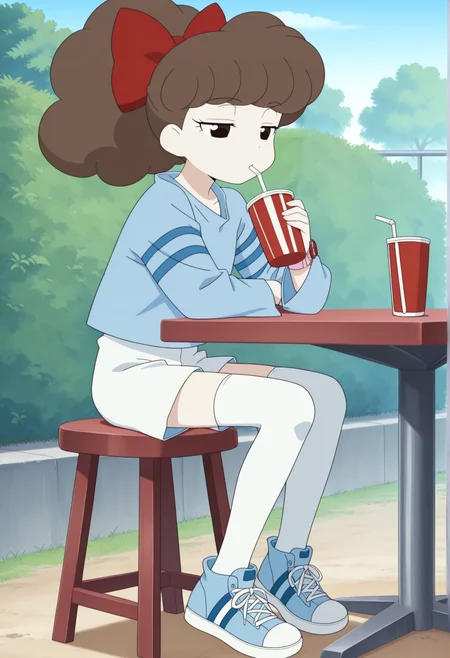 anime screenshot, anime coloring, 1girl, ponytail, long hair, brown hair, black eyes, curly hair, ribbon, blue shirt, long sleeves, wristwatch, white shorts, thighhighs, blue sneakers, sitting, outdoors, table, stool, drinking, drinking straw, bored, arm rest, half-closed eyes,  <lora:suzie_illus:1>, masterpiece, best quality, amazing quality, very aesthetic, absurdres, highres, newest