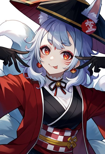 score_9, score_8_up, score_7_up, source_anime, 1girl, kosaka1st, smile, looking at viewer, aihoshinopose, double v, tongue out, medium hair, facial mark, red eyeshadow, forehead mark, makeup, fox ears, animal ear fluff, fox tail, black headwear, multiple tails, kimono, black kimono, red kimono, single earring, black gloves, halterneck, obi, checkered sash, neck ribbon, neck bell <lora:pose_aihoshinopose_ponyXL:1> <lora:spninaKosakaXLPony:0.8>