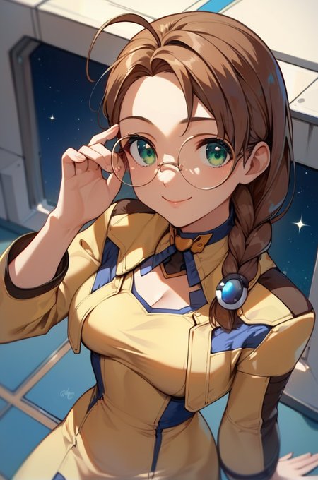 score_9, score_8_up, score_7_up, very aesthetic, source_anime, detailed, high quality, beautiful, masterpiece, detailed eyes, 
space station, blurry background
<lora:lightXL:0.8>
cowboy shot,  close up, dynamic angle,
medium breasts, adjusting glasses, light smile, looking at viewer, 
<lora:shion_v06:0.99>
1girl, medium breasts, shion uzuki, brown hair, single braid, ahoge, long hair, 
glasses, round eyewear, pantyhose, yellow footwear, cropped jacket, breast cutout, parted bangs, dress, green eyes, yellow dress,, zPDXL