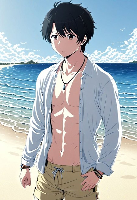 high resolution, solo, best quality, 1Boy, Inaho Kaizuka, Black Hair, beach, calm, clear sky, candid, open shirt, shorts, sixpack, necklace, bracelet, OverallDetail