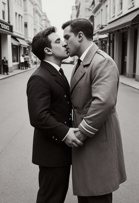 (2men), muscular men, 1 man in American army uniform from the 1920s, 1man in a trench coat and slacks, city street, noir, ((monochrome)), (embrace, close hug), perfect hands, (five fingers), wedding ring, 1920s, (passionate kiss, dip), falling rose pedals, (((men only))), (size difference), (((gay))), no women, loving