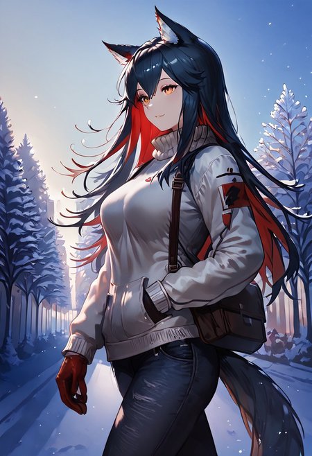 1girl, texas (arknights), female, young, wolf girl, wolf tail, wolf ears, animal ear fluff, amber eyes, multicolored hair, black hair, red inner hair,  (slender body:1.2), (medium breasts:1.2, round breasts, perfectly shaped breasts), sweater, denim pants, happy, park, taut clothing, extremely tight shirt, inviting expression, side view, dutch angle, dark eyeliner, winter colors, (low-angle view:1), walking down a path, wearing mittens on hands, (petite body:1.4), 
score_9, score_8_up, score_7_up, (masterpiece, best quality, very aesthetic, ultra detailed), intricate details, beautiful face, detailed eyes, detailed background, granblue_fantasy_style_xl, expressiveh, light from above,