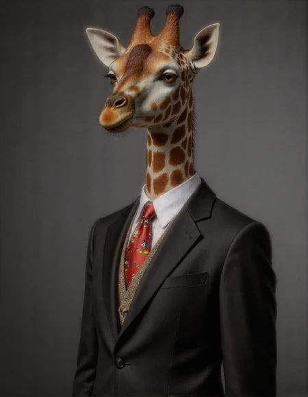Frida Kahlo style full body shot of <lora:antr:1>, Rembrandt style, This is an ultra-realistic, highly detailed portrait of a giraffe rendered with meticulous attention to texture, lighting, and whimsical contrast. The giraffe stands confidently against a smooth gradient grey background that transitions from a deep charcoal at the bottom to a soft silvery hue near the top, creating a neutral yet dynamic setting that highlights every intricate detail of the subject. The giraffeâs body is tall and elegant, covered in a patchwork of irregular, golden-brown spots that vary subtly in tone and texture. Each spot has a velvety sheen under the soft, diffused lighting, with faint ridges and fine hairs visible along their edges where light catches the coarse surface of its coat. Beneath the patterned skin lies a sense of underlying musculature, emphasized by subtle shadows that trace the contours of its neck, legs, and torso. The skin around its joints and underbelly is smoother and lighter in color, with delicate folds that add a tactile realism to its form. Its face features sharp, lifelike details: large, expressive eyes are framed by long, dark lashes and adorned with intricate patterns unique to each individual giraffe. The eyes shimmer faintly, reflecting hints of amber and hazel that give them a warm, intelligent gaze. Tiny wrinkles radiate outward from the corners of its eyes and mouth, adding depth and character to its expression. Its nostrils flare slightly, capturing the essence of calm alertness, while its lipsâsoft and flexibleâare curled into a gentle, curious smile. The giraffe dons a tailored charcoal-grey business suit that fits snugly over its slender frame, blending professionalism with a touch of surreal humor. The suit jacket is impeccably cut, with sharp lapels and subtle shoulder padding that accentuates its poised demeanor. However, the fabric of the suit is anything but ordinaryâit features a playful pattern of dancing Mickey Mouse figures, rendered in vibrant shades of red, yellow, and black. Each Mickey figure strikes a different pose, mid-twirl or mid-jump, creating a lively, almost animated effect across the otherwise formal attire. Beneath the suit jacket, the giraffe wears a crisp white dress shirt, slightly rumpled as if it's been worn through a busy day. A bright red silk tie completes the ensemble, knotted neatly at its throat, though one end hangs slightly askew, hinting at a carefree attitude despite the polished appearance. The tie is adorned with tiny embroidered Mickey silhouettes, tying the whimsical theme together seamlessly. Lighting plays a crucial role in this piece, with soft, even illumination casting gentle shadows that accentuate the giraffe's three-dimensional form. Subtle highlights run along the ridges of its ossicones (the horn-like structures atop its head), the curve of its ears, and the raised fibers of its fur, while deeper shadows pool within the folds of its skin and the creases of its clothing. This interplay of light and shadow creates a masterfully realistic rendering, drawing the viewerâs eye to the intricate textures and imperfections that define the giraffe's character. Every element of this portraitâfrom the carefully crafted texture of the giraffe's spotted coat to the whimsical dancing Mickeys on its business suitâhas been meticulously designed using advanced CGI techniques combined with photorealistic textures. The result is an unparalleled level of realism that blurs the line between digital art and photography, inviting viewers to linger over the smallest details and marvel at the juxtaposition of sophistication and playfulness in this unconventional yet compelling subject. . Baroque, chiaroscuro, realistic, emotional, "flat lighting. Whole outfit, clear, sharp, balanced . Surrealist, autobiographical, vibrant, symbolic, "Realist