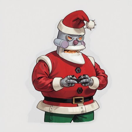 score_9, score_8_up, score_7_up, score_6_up, rating_safe,
r0b0t_s4nta_c1aus, solo, santa hat, santa_costume, pants,  christmas headwear, christmas clothing, solo, laughing manically, handing bombs out disguised as presents,
simple background,