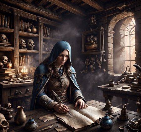RAW photo, (masterpiece:1.3), subsurface scattering, heavy shadow, (high quality:1.4), (intricate, high detail:1.2), professional photography, HDR, High Dynamic Range, realistic, ultra realistic, photorealistic, high resolution, film photography, ambient lighting, atmospheric effects, <lora:detail_slider_v4:2>, OverallDetail,  <lora:FantasyStudy:1> , book, bookshelf, candle, capelet, cup, fanstu, gloves, indoors, long hair, no humans, quill, scenery, sitting, skull, solo, steam, window
