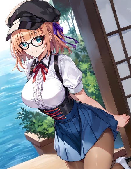 <lora:pony_xl_miyabi:0.9>,miyabi,score_9,score_8_up,score_7_up,source_anime,1girl,solo,black headwear,cabbie hat,purple ribbon,hair ribbon,black-framed eyewear,glasses,blouse,white shirt,puffy short sleeves,red ribbon,shirt tucked in,center frills,blue skirt,pleated skirt,high-waist skirt,brown pantyhose,white footwear,high heels,day,smile,blush,standing,arms_behind_back,leaning_forward,looking at viewer,