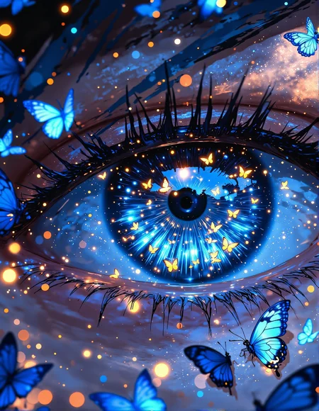 a dreamy, intricate digital painting with a macro close-up perspective. Picture a large, detailed blue eye with long, dark eyelashes.  The eye reflects a scene filled with tiny blue and monarch butterflies fluttering around within the iris.  Several butterflies are also depicted resting on the eyelashes and around the eye itself. The background is softly blurred with shimmering, colourful bokeh, suggesting a magical or ethereal atmosphere, The overall effect is enchanting and focused on the beauty and detail of the eye and the delicate butterflies, <lora:Vibrantly_sharp_style_v.2:0.8>, <lora:Cozy_Paradise:0.8>, <lora:RetroAnimeFluxV1:0.35>, <lora:FantasyWizardWitchesFluxV2-000001:0.7>, <lora:aidmaMJ6.1_v0.5_3:0.6>