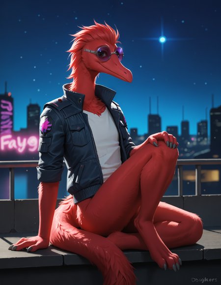 score_9, score_8_up, score_7_up BREAK rating_safe, source_furry, detailed, depth of field, detailed background, cinematic lighting, particles, decals, masterpiece, best quality, perfect eyes, <lora:sinfully_stylish_SDXL.safetensors:0.95>,  embedding:zPDXL3, anthro, <lora:squirmle2.safetensors:1.0>, squirmle, worm, creature, noseless, long muzzle, solo, anthro, body fur, clothed, long tapering tail, digitigrade, barefoot, biped, two-tone fur, slim body, (hair over eyes:1.15), big eyes, red fur, male focus, sexually suggestive, half updo, seductive smile, flat chest, seductive, smirk, silly, blep, neon lighting, dark, night, grey claws, tuft, open eyes, sunglasses, jacket, leeves are rolled up, lotus pose,  (detailed background:1.25), sitting on edge, outdoor, starly sky, highest skyscrapers on the roof, roof, blurry background, neon signs, cyberpunk, streets illuminated by neon lights, night, cyberpunk cityscape, clothed, no human, action pose, cybernetic samurai, high-tech clothing, glowing high-tech armor, on the edge, Dangling his legs from the roof