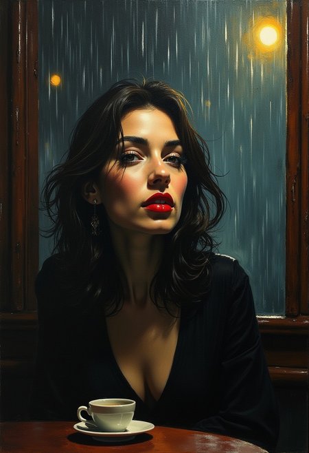 A woman's face, reduced to an abstract form, floats in a dimly lit Parisian café, late at night. Rain streaks the windowpanes, casting long, distorted shadows. The air is thick with the scent of coffee and Gauloises cigarettes. Her lips, a vibrant, defiant red, are the only splash of colour in the muted scene. A sense of melancholic solitude pervades the atmosphere. An impressionistic oil painting with loose brushstrokes on a textured canvas, capturing the dreamy ambiance of a rainy night in Paris, contrasted with the sharp, graphic features of the abstract face.