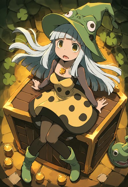 (score_9,score_8_up,score_7_up,score_6_up,score_5_up,score_4_up, source_anime:1.2),  from above, from afar, (contrasting colors, bright colors:1.1),  (Eruka_Frog, green hat, leprechaun hat:1.3), rating_safe, 1girl,  thin, curves, adult, thin waist,  medium size breasts, shamrock necklace, open mouth, white hair,long hair,bangs, thin hat, witch hat, golden dress,black pantyhose,green boots,green polka dots,polka dot dress, (shamrocks, mystical forest, three-leaf clover, treasure chest, gold, gold coins, black magic:1.2),( dusk, bright lightsource, holy theme, glowing, detailed background:1.2),   <lora:Eureka_Frog_v10:1>,  <lora:add-detail-xl:1.4>,  <lora:xl_more_art-full_v1:1.3>