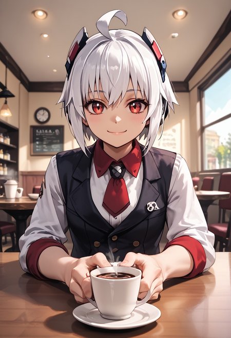 score_4,score_5,score_6,score_7_up,score_8_up,score_9 ((masterpiece,best quality,ultra detailed,highres,HD,4k:1.2)), 
Copen(GV),white hair, ahoge, short hair,sidelocks,red eyes, dark eyes,head gear,
indoor, cafe, sitting,((pov date, across table pov, across table)), Coffee on the table,hand, right_hand,right_hand touching face, left_hand, left_hand on table, left_hand placed horizontal, shy,light smile,closed mouth,