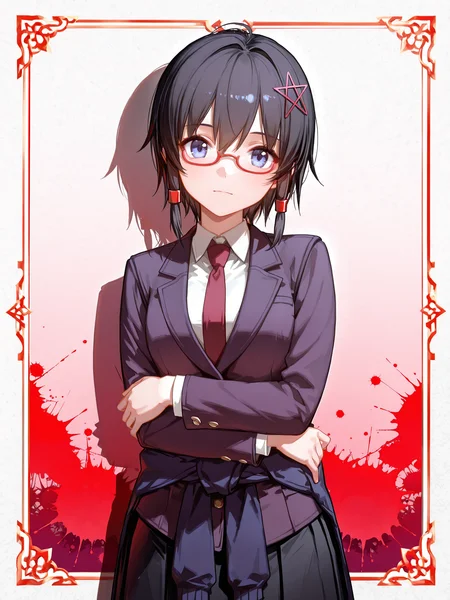 lazypos, ningen mame, nagasawa tougo, ciloranko, <lora:Naho3CoPaXL:1> Naho_CoPa, 1girl, short hair, pentagram hair ornament, school uniform, blazer, red glasses, clothes around waist, hair tubes, black pleated skirt, cowboy shot, inset border, red paint splatter, gradient background, tachi-e, looking at viewer, crossed arms, black hair, <lora:cfg_scale_boost:0.5>, <lora:V2_yakumo_alchemy:0.8>
