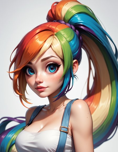 score_9, score_8_up, score_7_up, score_6_up, score_5_up, score_4_up, woman with sexy body, with extremely long ponytail, rainbow hair, very cute face, big eyes