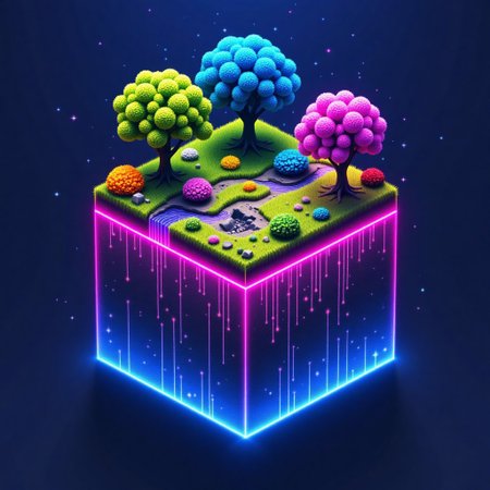 M1CR0CUB3D, A cube world where glowing trees grow on neon moss under a dark, bioluminescent sky. Below ground, data roots pulse with light, connecting to a buried AI core.