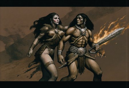b3rs3rk macro lens d4concept pov, 3D01S, simple background d4artstyle atmospheric and powerful MikeFranchinastyle dark fantasy, natural organic and first person pov of a berserk style creature in the frazetta drawing style and Tsutomu Nihei style
Two fierce warriors stand side by side, embodying primal strength and raw beauty. The male warrior is a muscular barbarian, clad in animal skins and leather, his powerful build and chiseled features highlighted by the warm glow of torchlight. He grips a massive, intricately carved sword, with veins of silver running through the blade. Conans long, wild hair flows down to his shoulders, and a rugged necklace made of bones and teeth adorns his chest. The female warrior exudes a feral elegance, with dark flowing hair and piercing eyes. Belit wears minimal attire made from animal fur and leather, with a small animal skull as an adornment at her waist. Her confident stance and fierce expression indicate a warrior spirit. Background is minimal, with faint, swirling shadows suggesting a campfire or cave. Style: hyper-realistic, reminiscent of classic fantasy art, with a focus on anatomy and texture. Mood: intense and primal, evoking a sense of untamed wilderness.
Background solid color with a faded dimly lit, fog-covered darkness tone that emphasizes its silhouette. 
UHD letterboxed game trailer frame chromatic aberration dark atmosphere sharp masterpiece with a focus on the character, elden ring, dark atmosphere