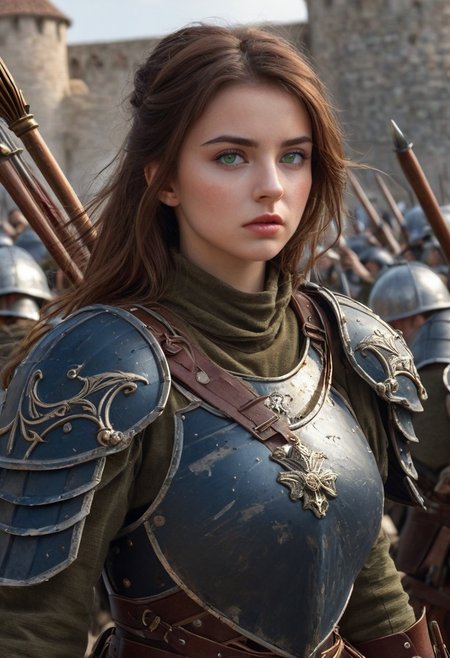 castle, score_9, score_8_up, score_7_up, score_6_up, score_5_up, extremely detailed, 1 woman, 25 years old, cute face, green eyes, small breasts, brown hair, shoulder length hair, wearing dark blue armor, holding a spear, in a battlefield in front of a castle, soldiers fighting behind her, she has blood on her shield and face, detailed, realistic