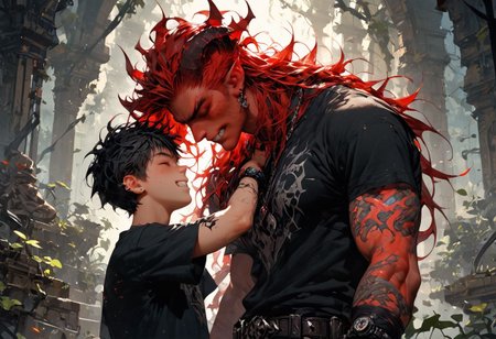 score_9, score_8_up, score_7_up, masterpiece, best quality, lots of details, ((1boy)), (1 male demon), (from side:0.6), masculine, medium muscule, middlehair, red hair, black hair, homoerotic, sleeveless t-shirt, shirt, pants, wristwatch, silver necklace, earring, ring, stands, clutches a medallion in his fist, raised up, eyes closed, clenched teeth, in the middle of ruins, vines, the demon behind, (completely tattoo:1.8), highres textures, Expressiveh, low light, sun rays, dark theme
