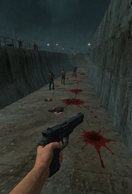 fpv, First Person view, Holding black gun, N64 Game Style, By Night at Huge dam, outside, men Standing in a row, Blood splatter,