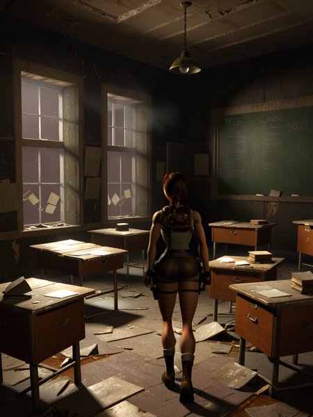 <lora:TR3D:1>, TR3D, 3D render of (Lara Croft:1.1) exploring inside a creepy abandoned school classroom at night, darkness, horror, liminal space, desks, chalkboard, rubble, debris, high resolution, muted colors, highly detailed, raytracing