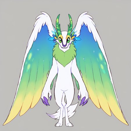 <lora:thehollyraven:1> full body, green eyes, looking at viewer, no humans, one-eyed, pokemon \(creature\), purple eyes, simple background, solo, staff, standing, wings, yellow eyes