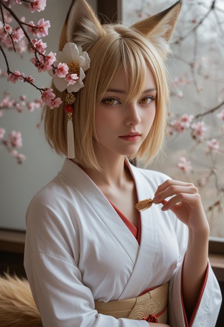 score_9_up, score_8_up, score_7_up, score_6_up, 1girl, 25 years old, perfect face, (adult), sexy, 
yellow eyes, fox girl, 
blonde hair, animal ears, fox ears, animal ear fluff, hair ornament, hair flower, hair between eyes, short hair, 
miko, japanese clothes, ribbon mesh sleeves,
blush, fox tail,