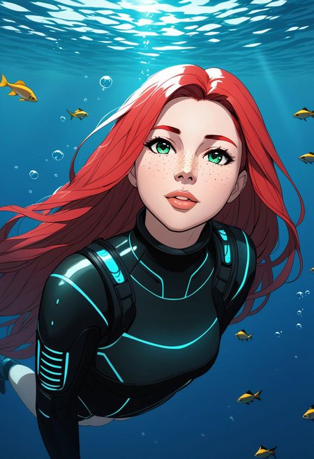 Duskfallcrew Art Style,  1girl,  solo,  long hair,  looking at viewer,  green eyes,  red hair,  parted lips,  water,  lips,  leaf,  looking up,  monster girl,  partially submerged,  freckles,  fish,  underwater,  air bubble, oceanscape, , cyberpunk, soft lighting,  best illustration,  cinematic angle, cinematic lighting, masterpiece,  official art,