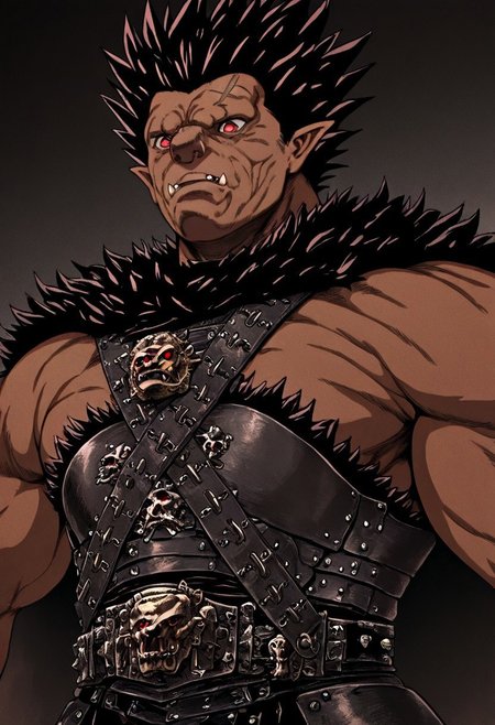 masterpiece, best quality, newest, absurdres, highres, vintage anime, 90s anime, Zodd-V1.0, muscular male, short hair, red eyes, dark skin, dark skinned male, scar, scar on face, fangs, pointy ears, muscular, spiked hair, black hair, armor,