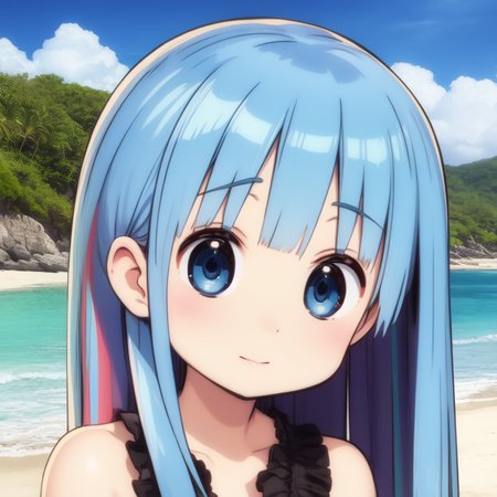 best quality, masterpiece, skyblue hair, blue eyes,  upper body, Beach