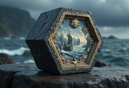An intricate, detailed image of a stone with mythology painting of Gods and Vikings expertly rendered across its surface. Background: On a viking boat, stormy sea, heavy rain. Ultra high resolution, elegant, soft scattered light, cinematic lighting, coherent light, coherent shadows, aidmaMJ6.1,